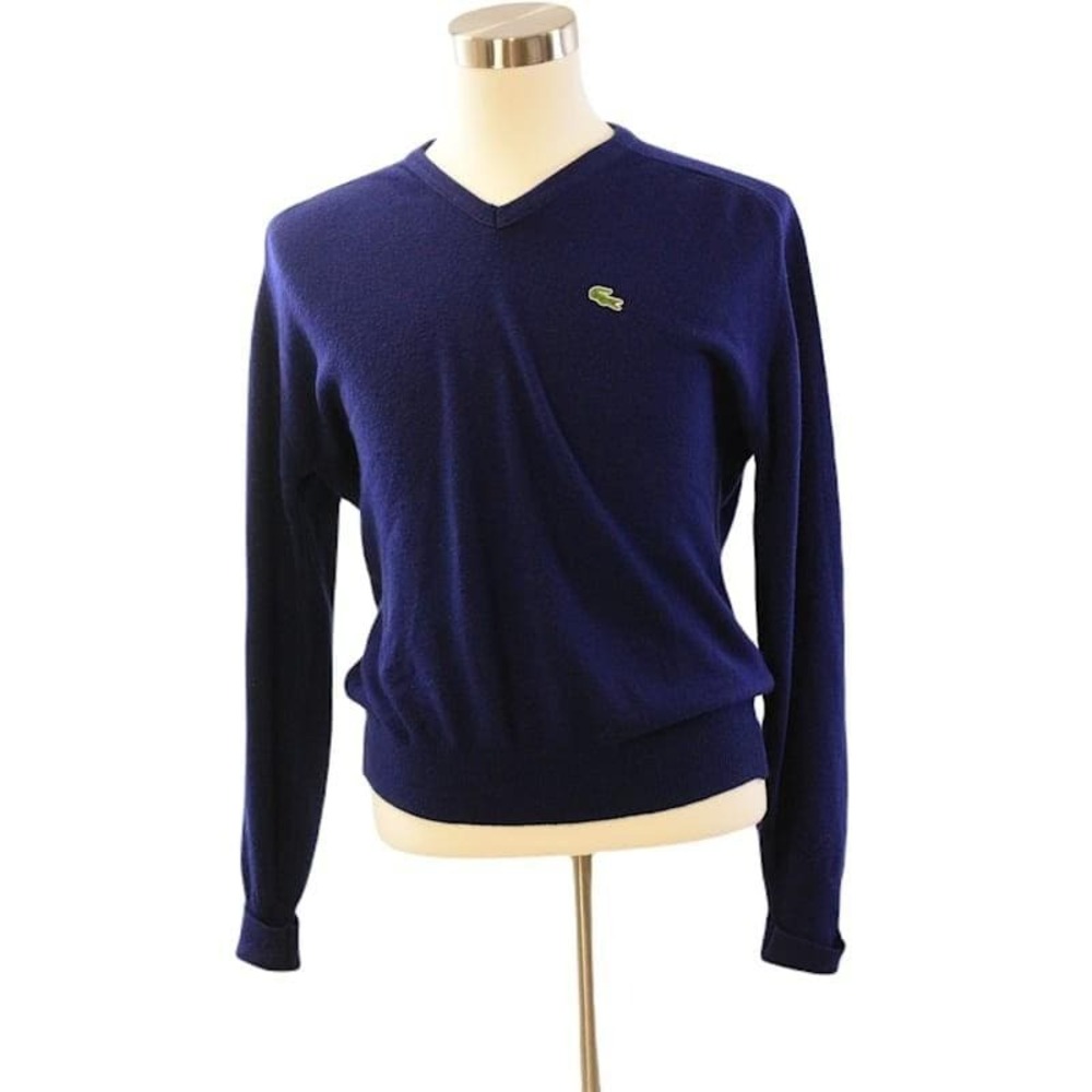 70s Vintage Izod Lacoste V-Neck Sweater Men XL Navy Blue Preppy USA Made